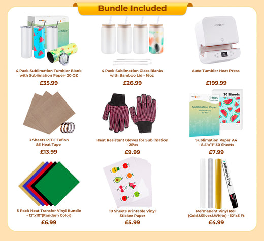 Auto Tumbler Heat Press Machine  +Super Valued Bundle(30pcs Sublimation Paper+4Pack Glasses 16oz+4Pack Tumbler Blank- 20oz+Sticker Paper*30+HTV*5+Adhesive Vinyl*14+PTFE Teflon+Heat Tape+Gloves≥£129) - Shipping on Nov. 3