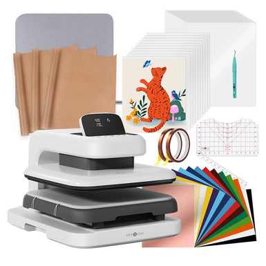 Crafting kit with a paper puncher, colored papers, and design templates on a white background.