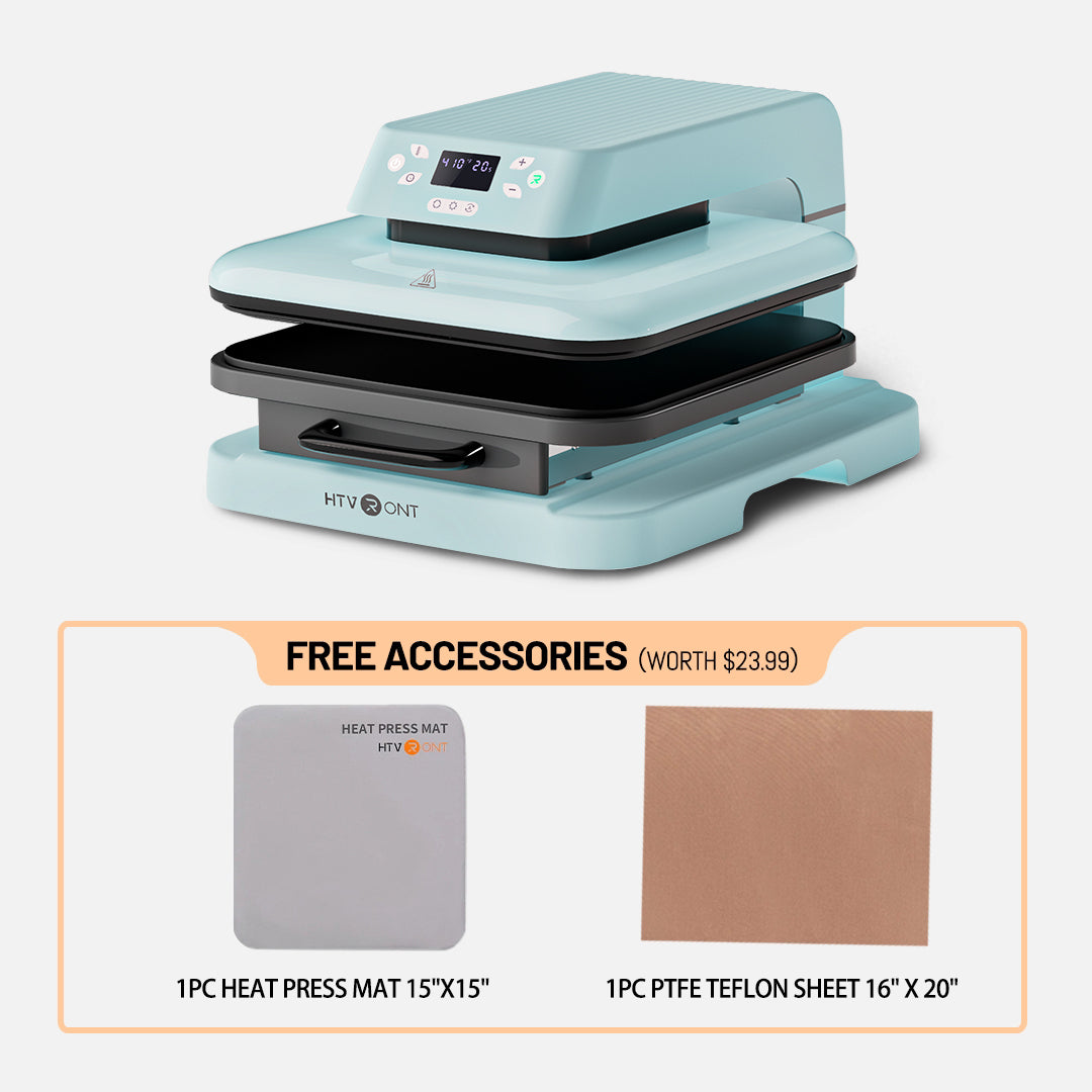 light blue heat press machine with free accessories on a white background