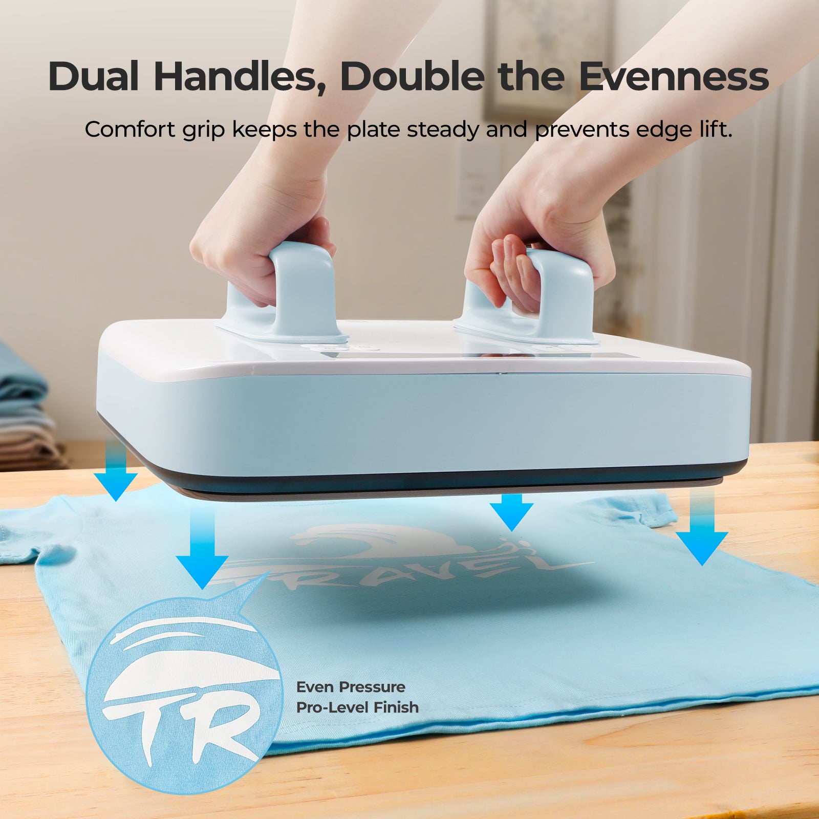Person using a tool with dual handles on a towel, emphasizing even pressure and a pro-level finish.