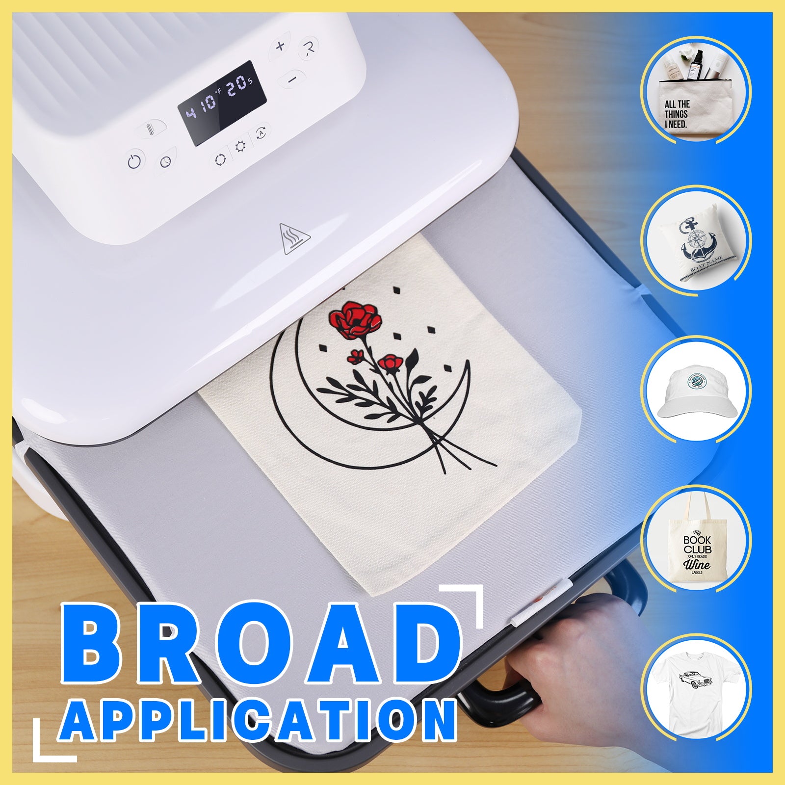 Heat press machine with a design on a garment, surrounded by promotional graphics and text.