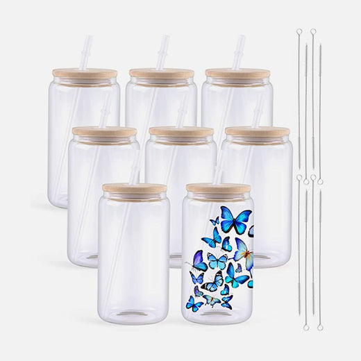 Sublimation  Clear/Frosted Glass Blanks with Bamboo Lid - 16oz 8 Pack