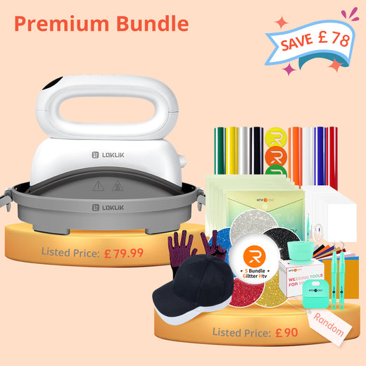 [Premium Bundle] Hat Heat Press Machine+Premium Bundle(Baseball Cap*2+HTV*10+PUFF HTV*8+Glitter HTV *5+Sumblimation Paper*25+Sumblimation HTV*5+Transfer paper*10+PTFE Teflon Sheet*2+Tools+1Pair Gloves≥￡90)
