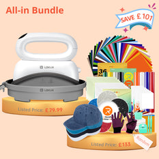 [All-in Bundle] Hat Heat Press Machine+All-in Bundle(Baseball Cap*4+HTV*46+PUFF HTV+Glitter HTV *5+Sumblimation Paper*25+Sumblimation HTV*10+Transfer paper*10+PTFE Teflon Sheet*2+Weeding Tools*5+1Pair Gloves+Mat≥￡133)