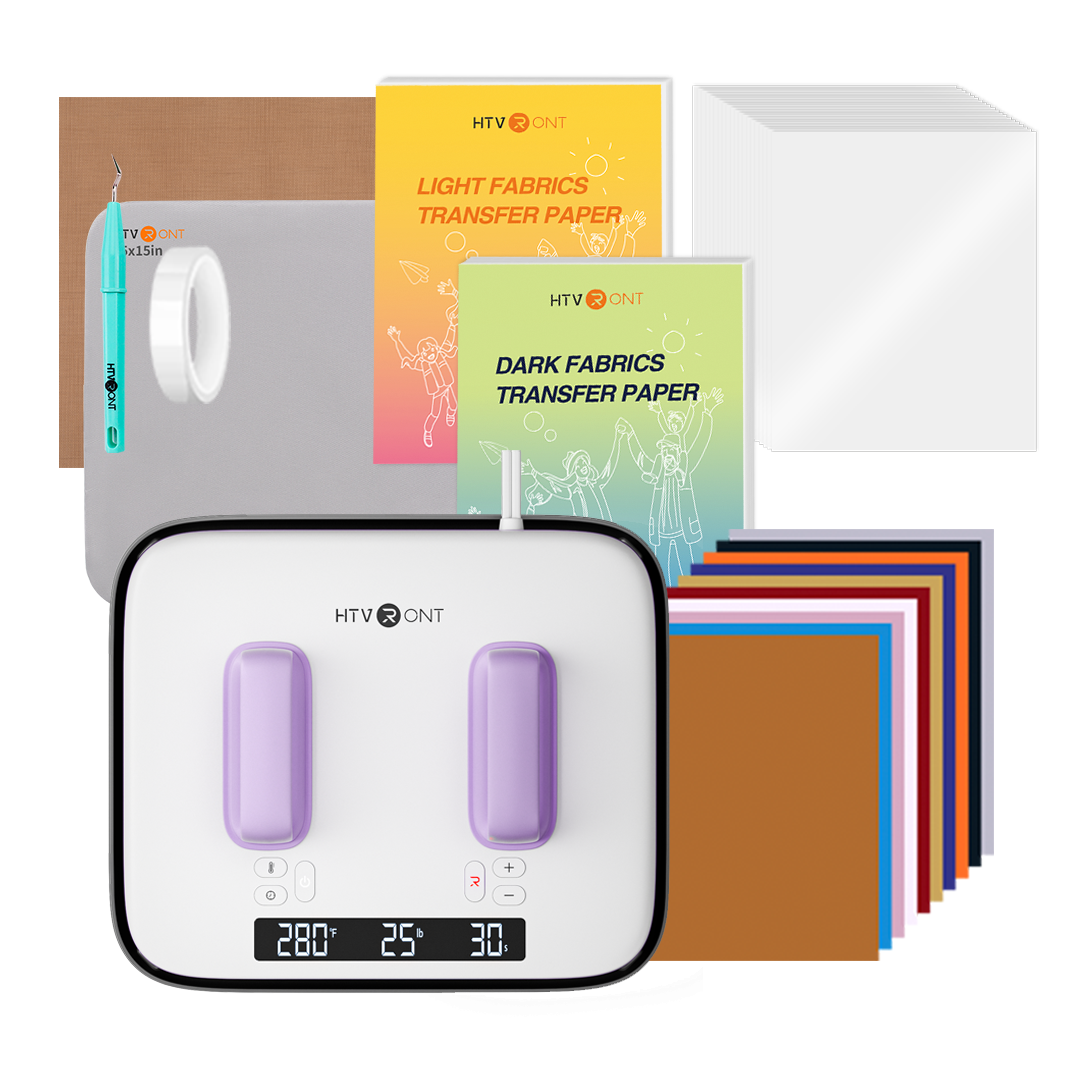 T shirt Heat press machine with transfer paper and fabric samples on a white background