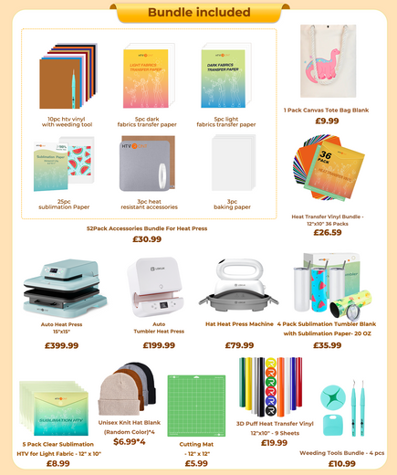 [All in one]HTVRONT Auto Heat Press15"x15"+Tumbler Press+Hat Press Machine+All in Bundle(Canvas Tote Bag*1+Hat Blank*4+Tumbler 20oz*4+10sheets HTV+36 sheets HTV+PUFF HTV*9+Sumblimation Paper*25+Sumblimation HTV*5+Transfer paper*10+Tools≥￡177)