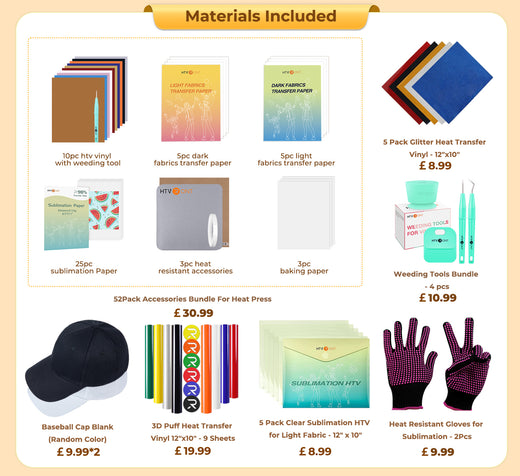 [Premium Bundle] Hat Heat Press Machine+Premium Bundle(Baseball Cap*2+HTV*10+PUFF HTV*8+Glitter HTV *5+Sumblimation Paper*25+Sumblimation HTV*5+Transfer paper*10+PTFE Teflon Sheet*2+Tools+1Pair Gloves≥￡90)
