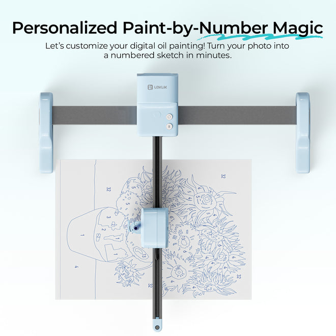 Digital painting tool with a digital oil painting on a white background, featuring text about personalized paint-by-number magic.