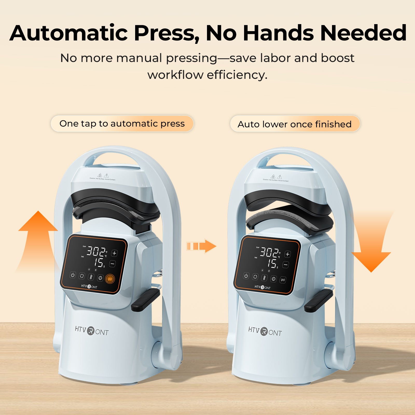 Two automatic press machines with digital displays on a beige background, highlighting ease of use and efficiency.