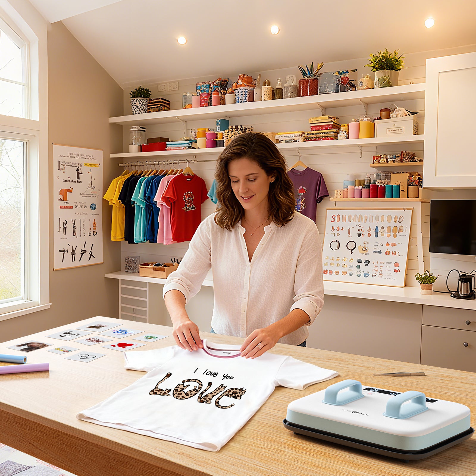 Woman working on a t-shirt with text in a home office setting