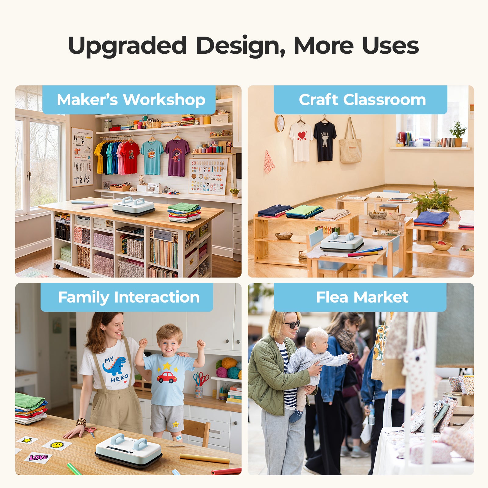 Collage of a room with various uses including maker's workshop, craft classroom, family interaction, and flea market.