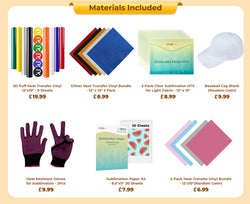 [Easter Offer]Hat Heat Press Machine+HTV&Sublimation Bundle (Puff HTV*8+Baseball Cap Blank*1+Glitter HTV *5+Sublimation Paper*30+Sublimation HTV*5+PTFE Teflon Sheet*1+1Pair Gloves≥￡73)