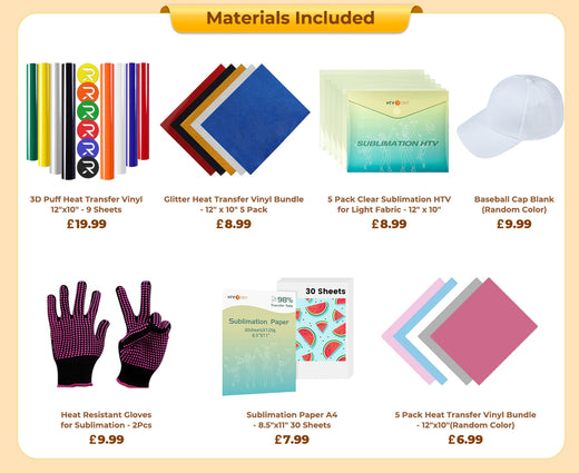 [Easter Offer]Hat Heat Press Machine+HTV&Sublimation Bundle (Puff HTV*8+Baseball Cap Blank*1+Glitter HTV *5+Sublimation Paper*30+Sublimation HTV*5+PTFE Teflon Sheet*1+1Pair Gloves≥￡73)