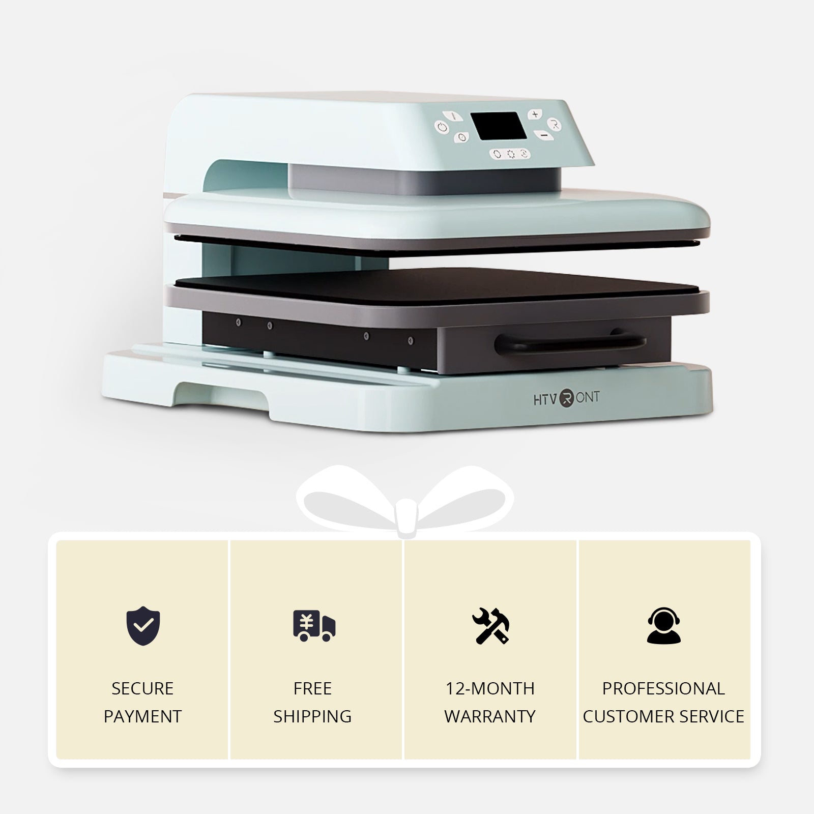 HTVRont heat press machine on a white background with promotional icons below.