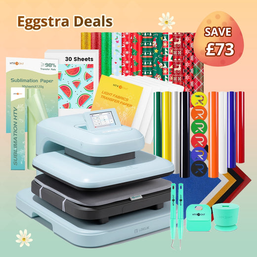 [Easter Deals]LOKLiK Auto Heat Press 2+Great Valued Bundle(PUFF HTV*8+Glitter HTV*5+Patterned HTV+Sumblimation Paper*30+Sumblimation HTV roll+Transfer paper*6+PTFE Teflon Sheet+Weeding Tools)