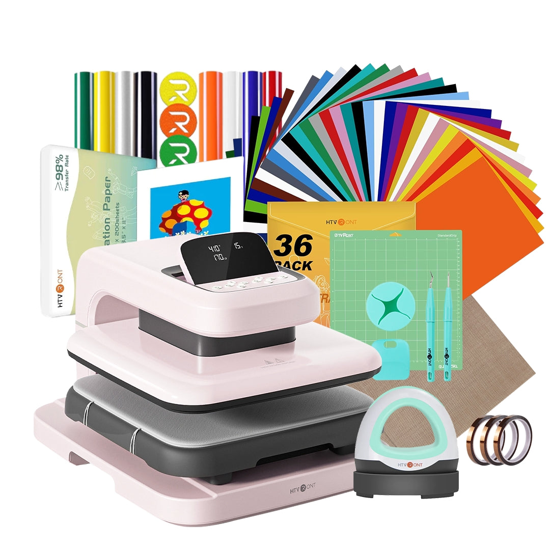 Heat press machine with various accessories and materials on a white background