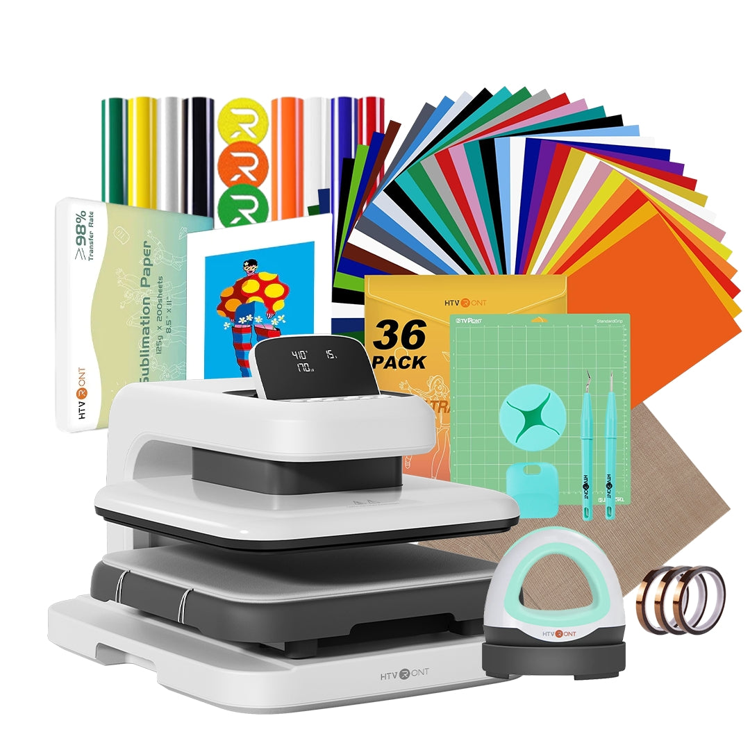 HTV Heat Press machine with vinyl sheets and tools on a white background