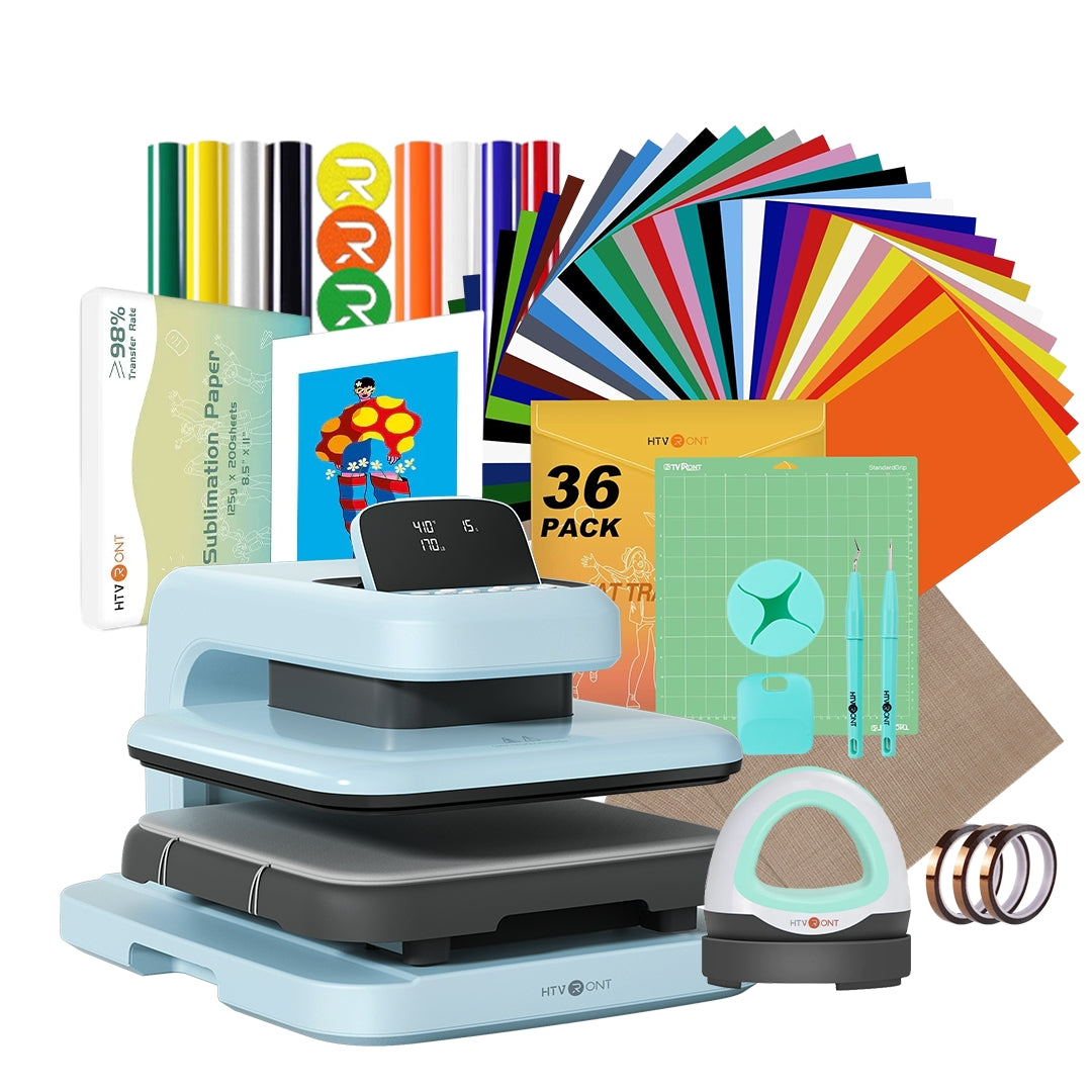 Heat press machine with various accessories including paper and tools on a white background
