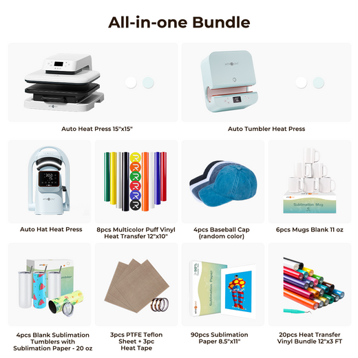 [All-in-one Bundle] Auto Heat Press + Tumbler Heat Press + Hat Heat Press + Accessories Bundle