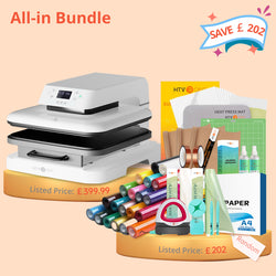 [All-in Bundle] HTVRONT Auto Heat Press Machine 15" x 15"  230V + 20 rolls HTV 12"x3ft + 150 sheets Sublimation Paper 8.5"x11" + Mini Heat Press Machine + Multi Materials Bundle