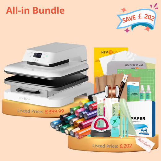[All-in Bundle] HTVRONT Auto Heat Press Machine 15" x 15"  230V + 20 rolls HTV 12"x3ft + 150 sheets Sublimation Paper 8.5"x11" + Mini Heat Press Machine + Multi Materials Bundle