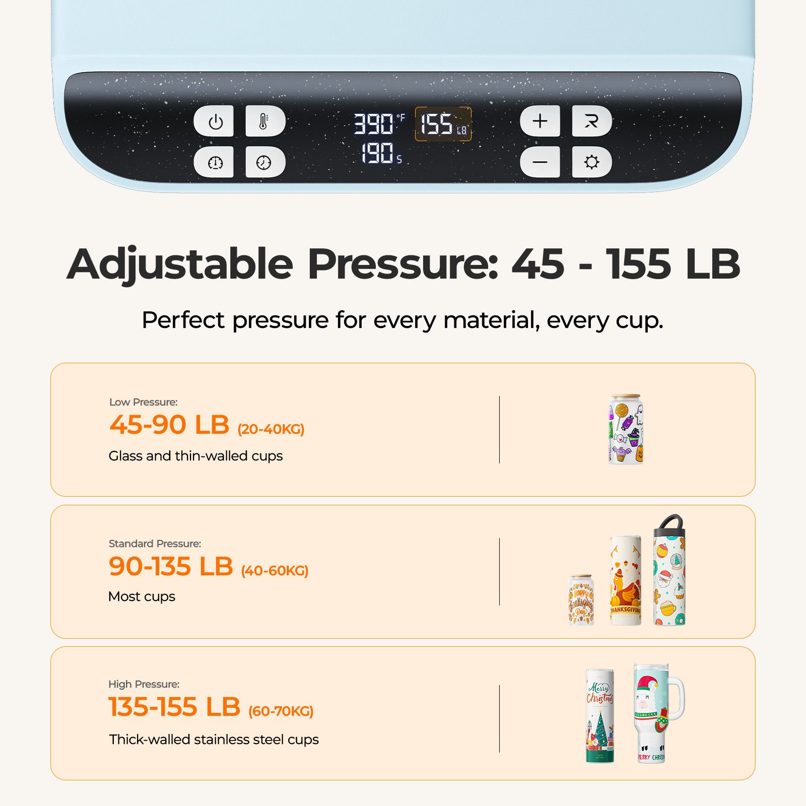 A200 Tumbler Heat Press Adjustable Pressure: 45 ~ 155 LB