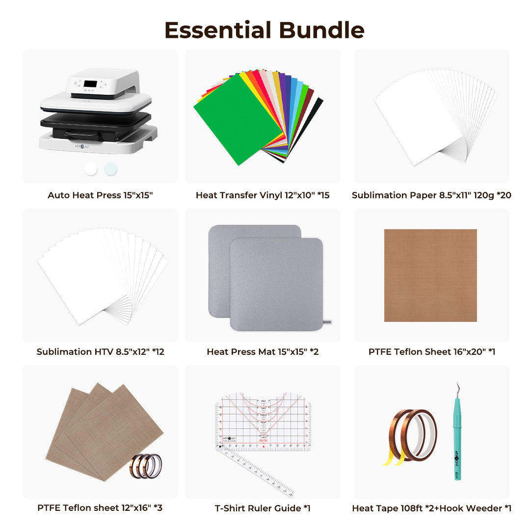 Essential Bundle with auto heat press, heat transfer vinyl, sublimation paper, and other materials on a white background.
