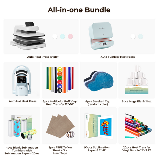 [All-in-One Bundle] HTVRONT Auto Heat Press 2 + HTVRONT Tumbler Heat Press + HTVRONT A300 Hat Heat Press + Accessories Bundle