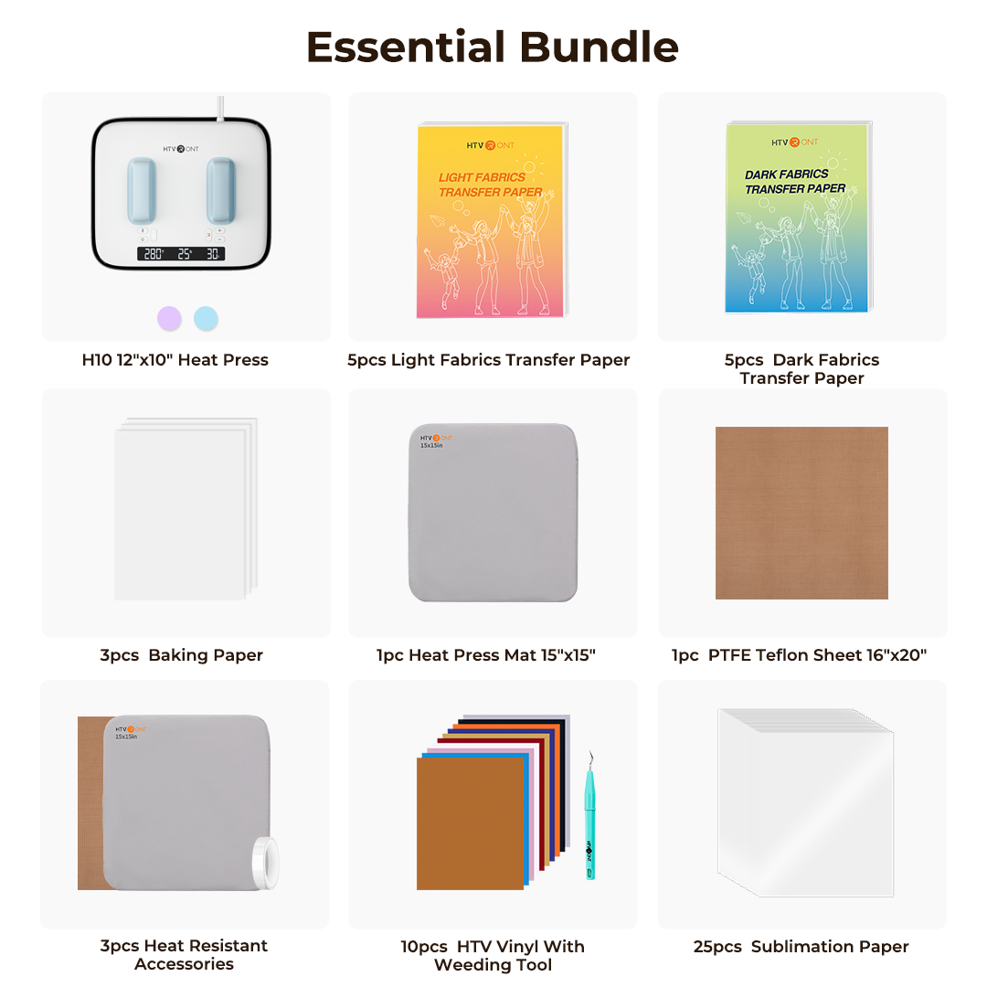 Essential Bundle with heat press, transfer paper, and other materials on a white background