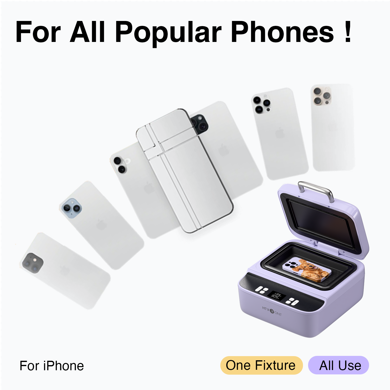 Phone sterilizer with text 'For All Popular Phones!' and 'One Fixture, All Use' on a white background.