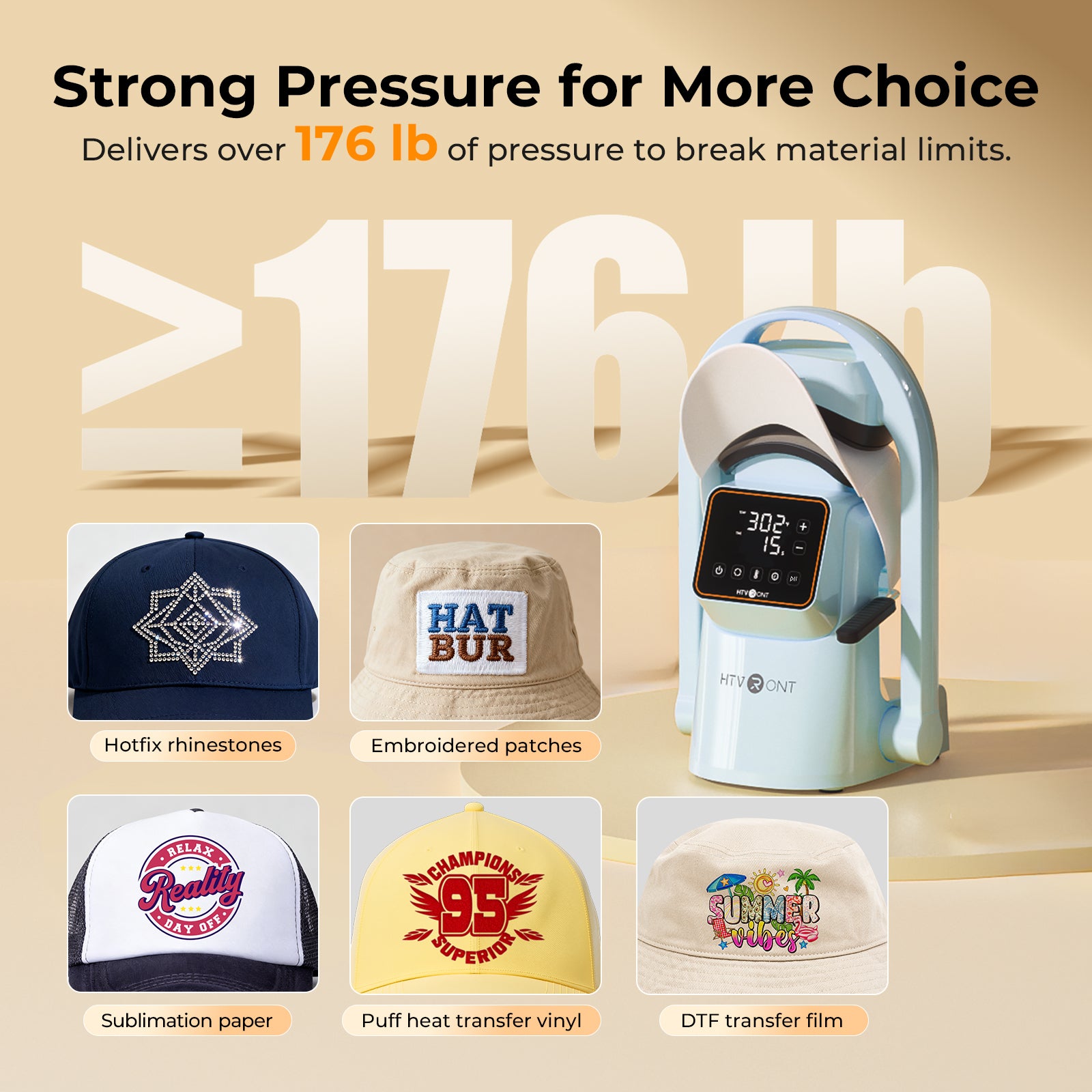 Product display with a hat heat press machine and various hat designs on a beige background.