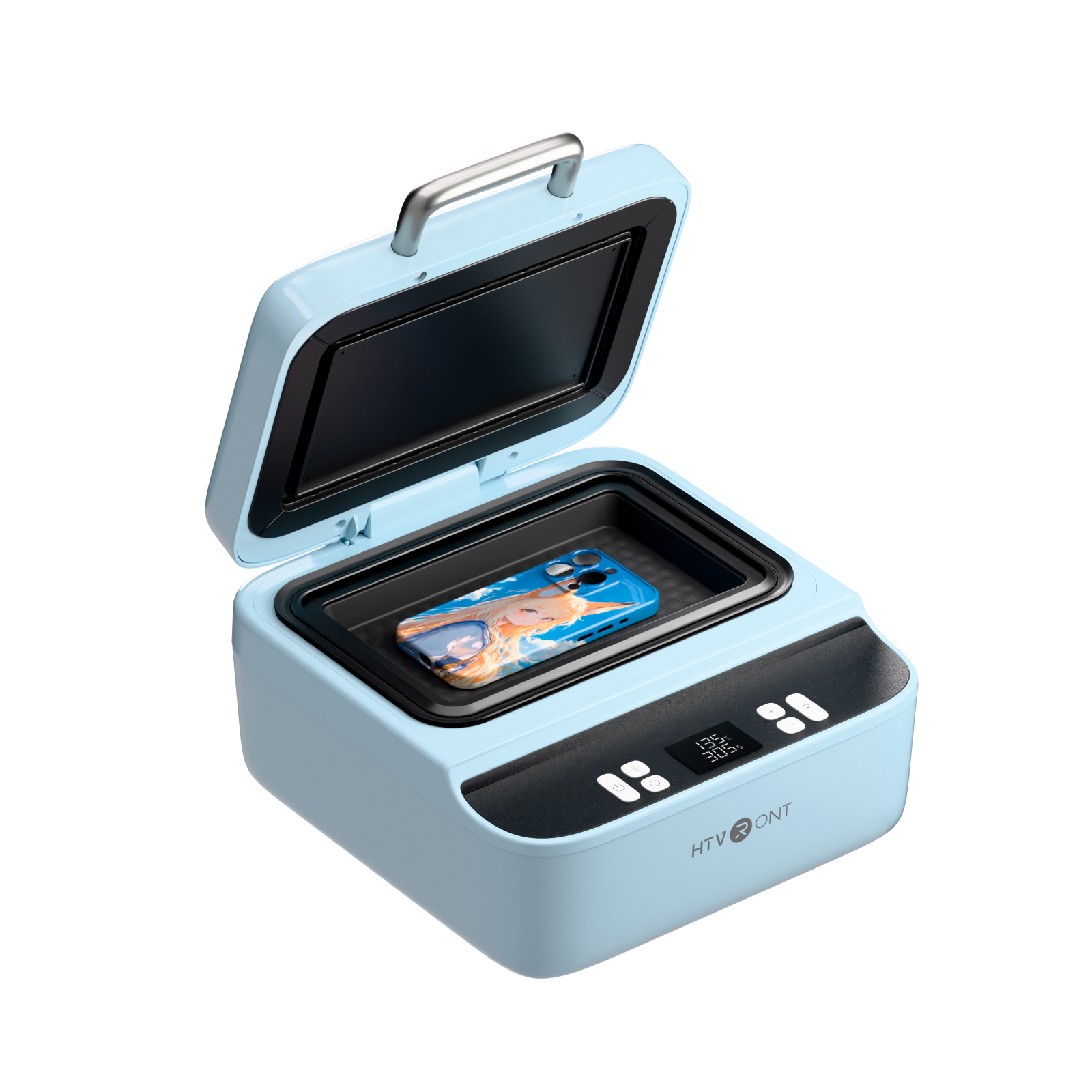 Blue phone heat press with a phone inside on a white background