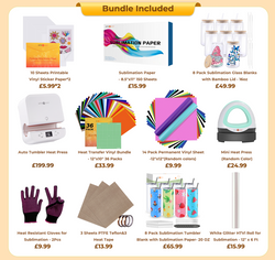 [All-in Bundle]Auto Tumbler Heat Press Machine+All-in Bundle(Sublimation Paper*150+Tumbler Blanks +Mugs+Mini Heat Press 2 Machine+Sticker Paper*20+White Glitter HTV+Permanent Vinyl*14+Tools≥￡255) - Shipping on Nov. 3
