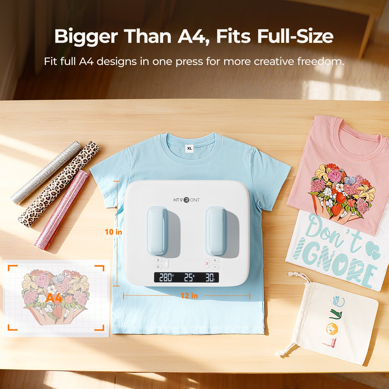 T-shirt with a design on a table, showing the size comparison with A4 paper.