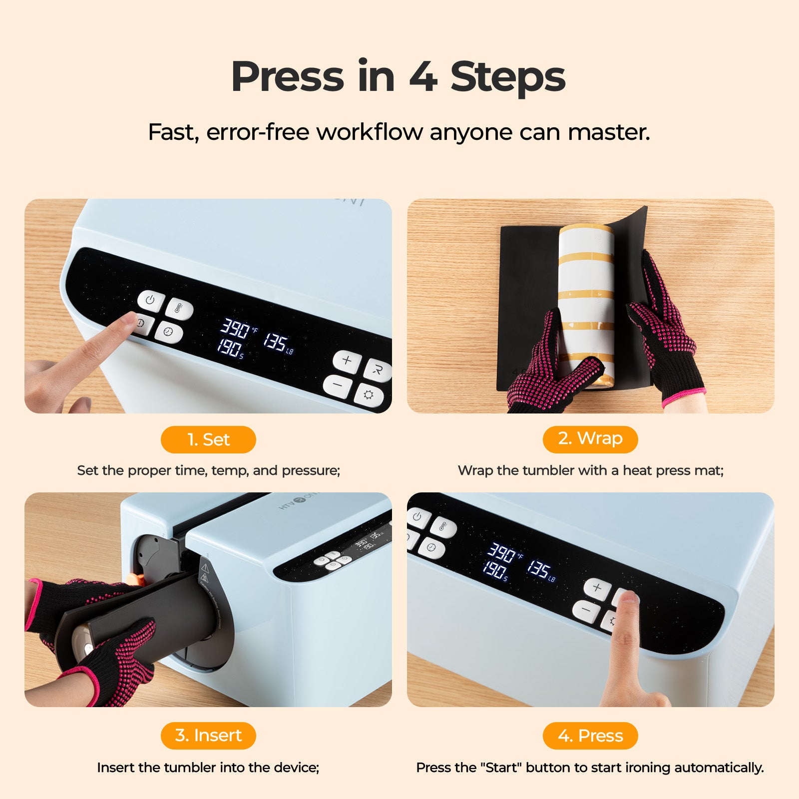 Step-by-step guide for using a200 tumbler heat press machine with images and text.