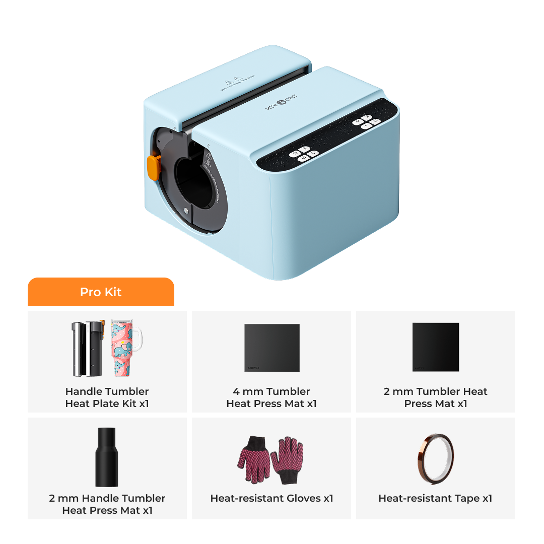 Light blue 30oz tumbler heat press machine with accessories on a white background