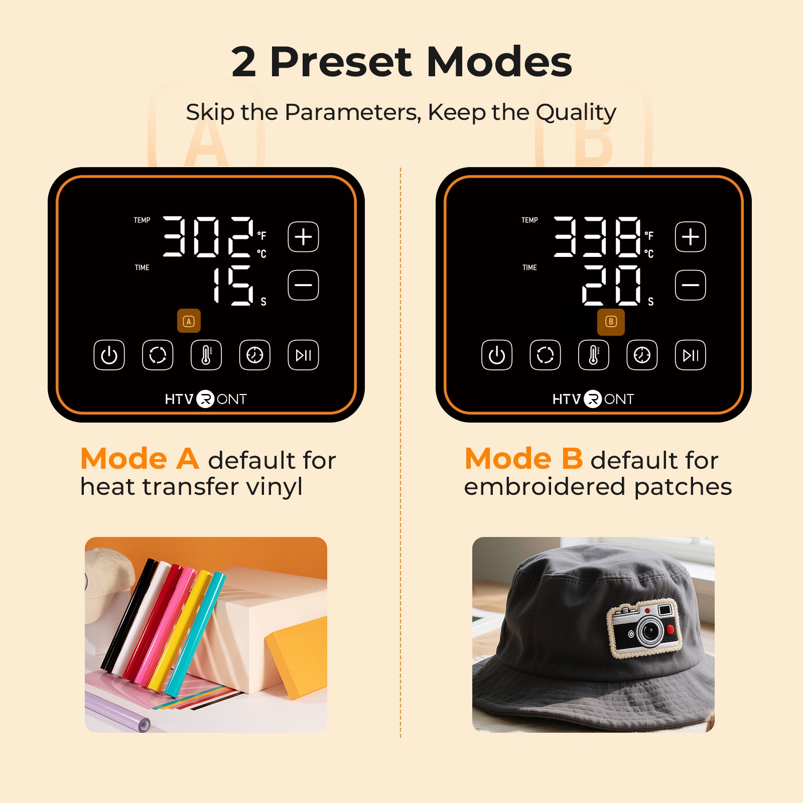 Two preset modes for a heat press machine with digital displays and examples of use.