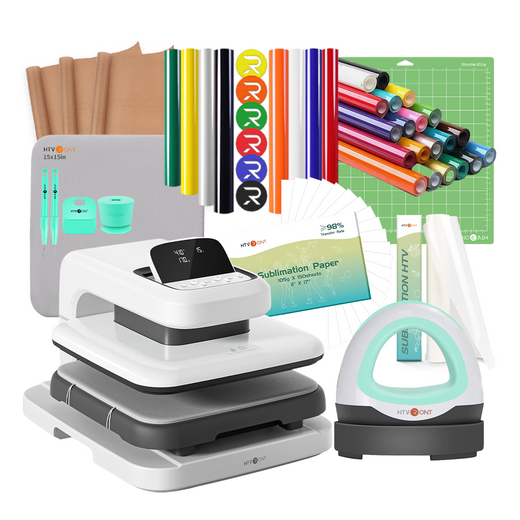 [Ultimate Premium Bundle]HTVRONT Auto Heat Press 2+Premium Bundle(Multicolor HTV Roll*20+150 sheets Sublimation Paper A4+Sublimation HTV Roll+PUFF HTV*8+Mini Heat Press Machine+Heat Press Mat+Cutting Mat+Weeding Tools≥165￡)