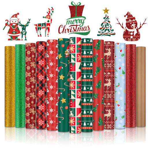 2025 New Models Christmas Patterned Heat Transfer Vinyl Bundle - 13 Sheets 12"x10"