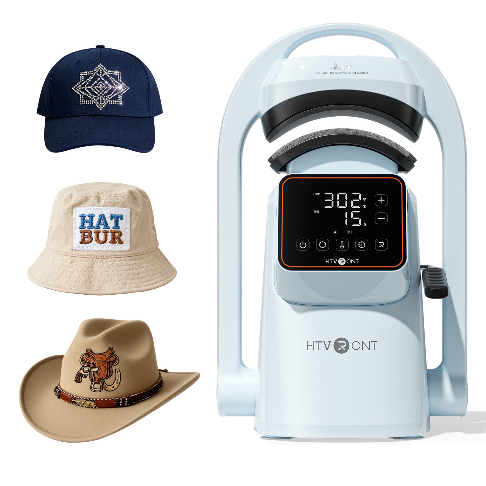 Three hats and a HTVRONT device on a white background