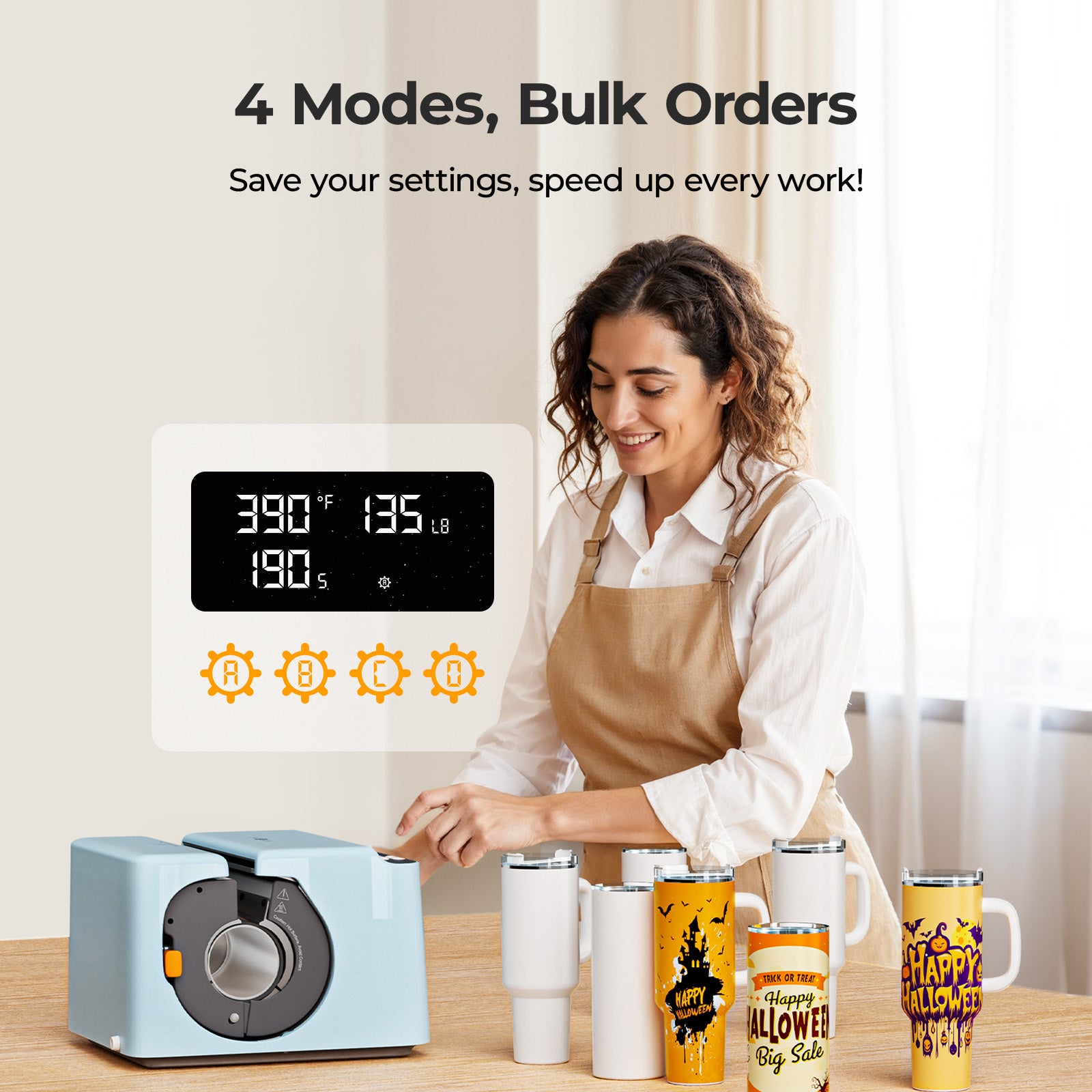 Woman using a coffee roasting machine with text highlighting features on a light background
