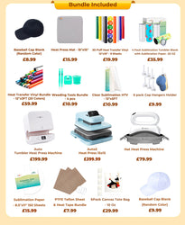 [All in one]HTVRONT Auto Heat Press 2+Tumbler Heat Press+Hat Heat Press+All in One Bundle(Multicolor HTV Roll*20+150 sheets Sublimation Paper A4+Sublimation HTV Roll+PUFF HTV*8+Tumbler Blanks*4+Canvas Bags*6+Cap*2+Tools≥237 ￡) - Shipping in mid-November.