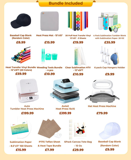 [All in one]HTVRONT Auto Heat Press 2+Tumbler Heat Press+Hat Heat Press+All in One Bundle(Multicolor HTV Roll*20+150 sheets Sublimation Paper A4+Sublimation HTV Roll+PUFF HTV*8+Tumbler Blanks*4+Canvas Bags*6+Cap*2+Tools≥237 ￡) - Shipping in mid-November.