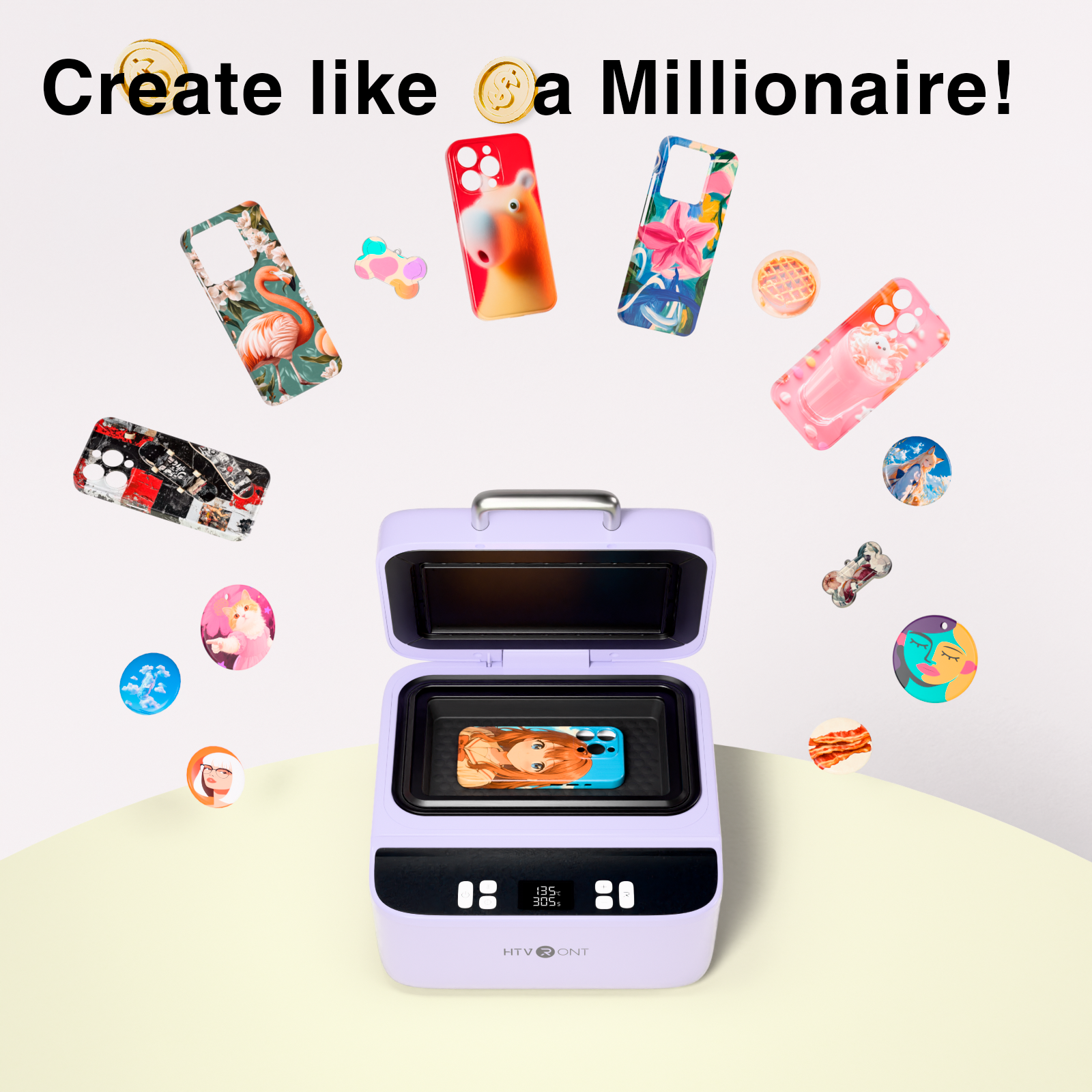 Product with colorful phone cases and accessories on a light background, promoting creativity.