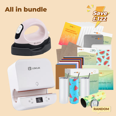 [All-in bundle]HTVRONT Auto Tumbler+Mini3 Heat Press Machine+all-in Bundle(Multicolor HTV*10+Sumblimation Paper*30+Tumbler Blanks 20oz*4+Sumblimation HTV*5+PTFE Teflon Sheet*3+Transfer paper*6+Heat Press Mat≥￡92)