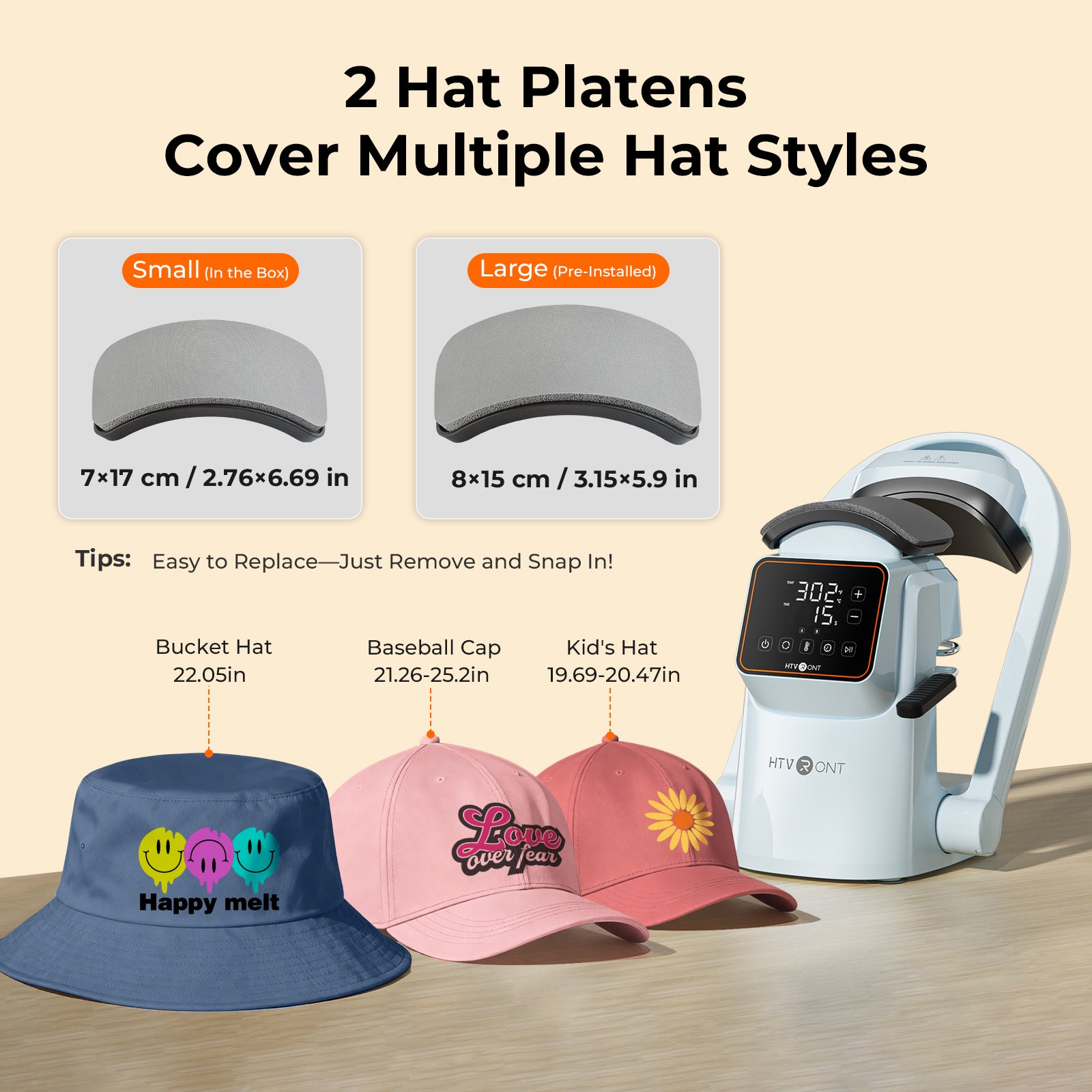 Hat flatener with packaging and examples of hat styles it can flatten on a beige background.