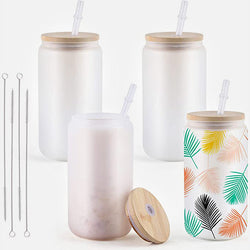 Sublimation Clear/Frosted Glass Blanks with Bamboo Lid - 16oz 4 Pack