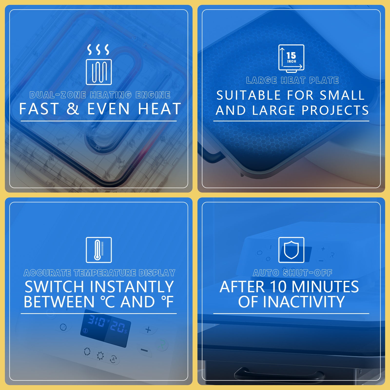 Product features with text on a blue background