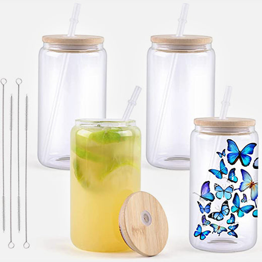Sublimation Clear Frosted Glass Blanks Bamboo Lid 4 Pack