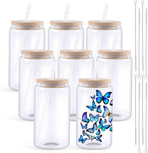 Sublimation  Clear/Frosted Glass Blanks with Bamboo Lid - 16oz 8 Pack